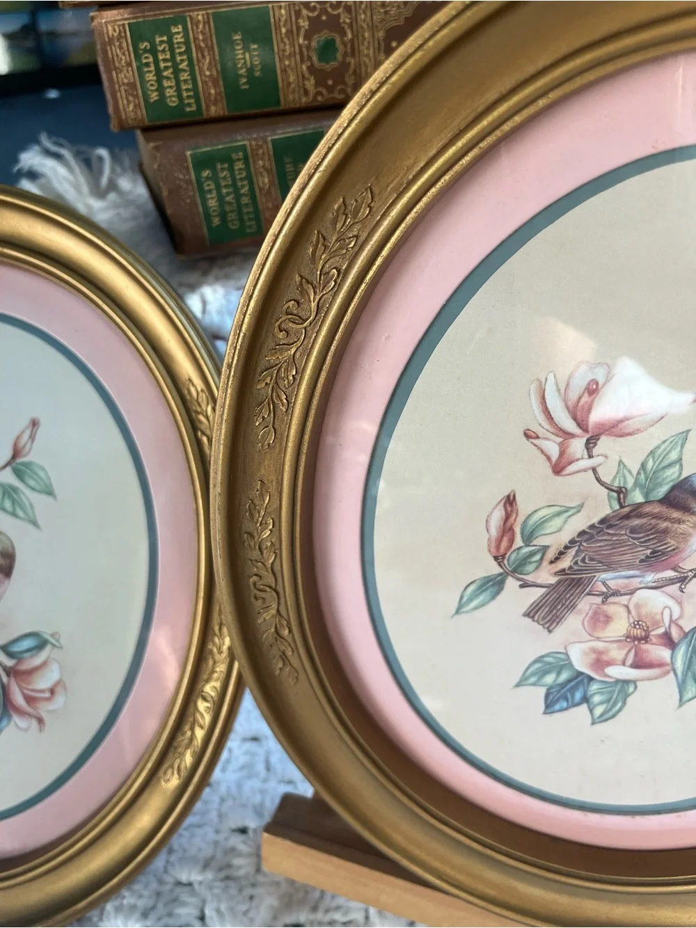 Gold Oval Floral Bird Wall Art Pair - Pink Accents